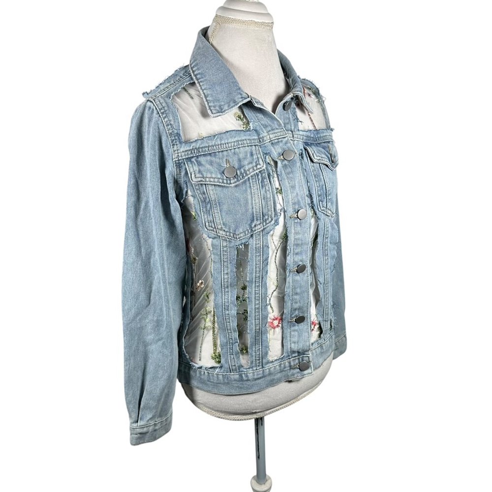 Davi & Dani Embroidery Mesh Jean Jacket Floral Light Wash Boho Womens Size S - Picture 9 of 14